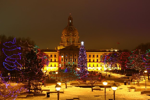 Christmas decorations at Alberta Legislature after a snowfall