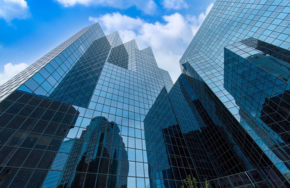 Skyscrapers with blue glass windows