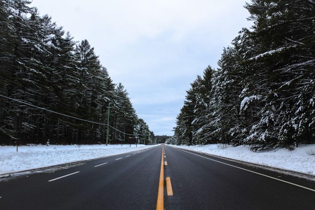 A road with snowy pine trees on each side