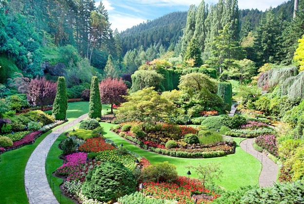 A view of the sunken garden at Butchart Gardens, Central Saanich, Vancouver Island, British Columbia, Canada.