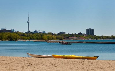 Kayaks on a beach in Toronto