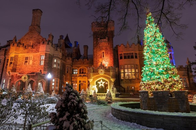 Winter holiday lights at Casa Loma in Toronto