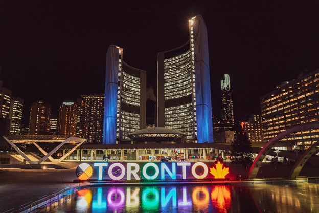 Toronto City Hall at night in downtown Toronto