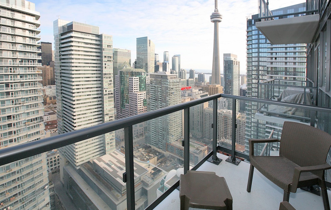 View from the balcony of a Premiere Suites furnished apartment on Peter Street in Toronto.