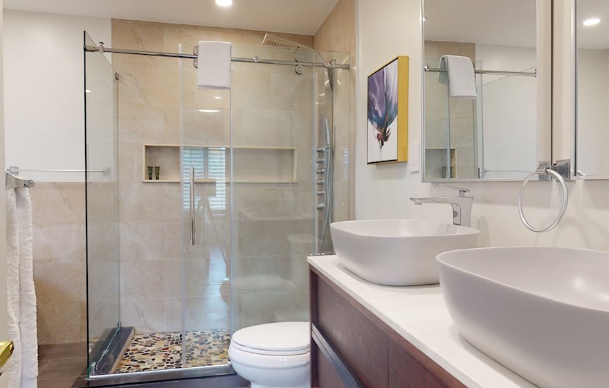 Principal Bathroom Walk In Shower Fully Furnished Apartment Suite Oakville