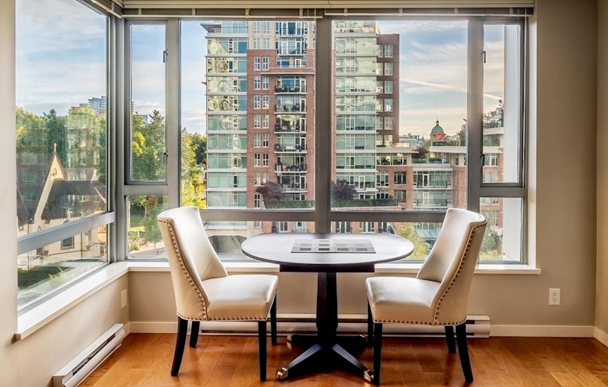 Bistro table overlooking downtown Victoria neighbourhood