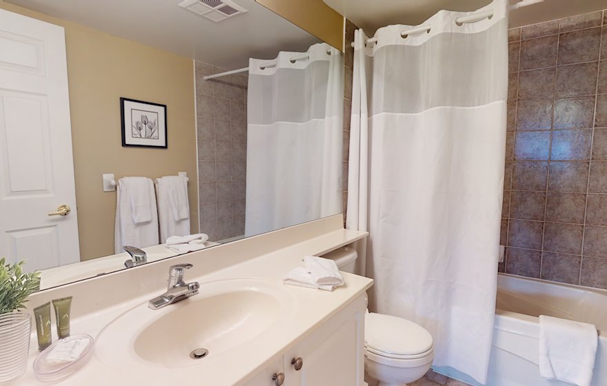 Principal Bathroom Soaker Tub Fully Furnished Apartment Suite Mississauga