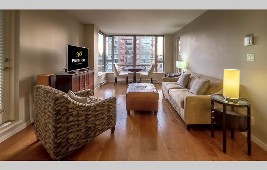 living room open concept fully furnished apartment suite Victoria, Astoria 408